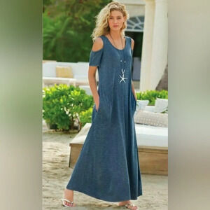 Soft Surroundings Electra Cold Shoulder Maxi Dress With Pockets Size L Petite